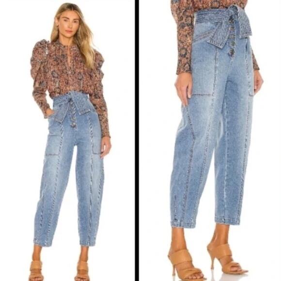 ULLA JOHNSON Otto Bowed Barrel Leg Jean Tie Front Button Fly High Rise 0 NEW - Picture 12 of 12